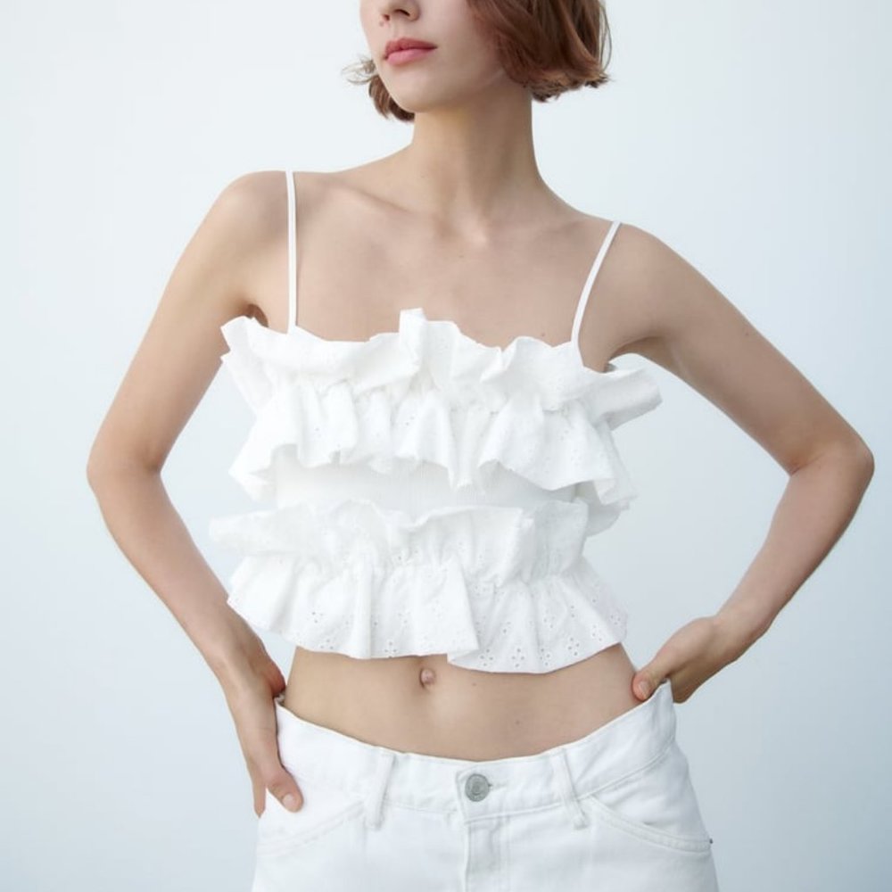 Zara Woman Eyelets Embroidered White Contrast Crop Top White - Size S